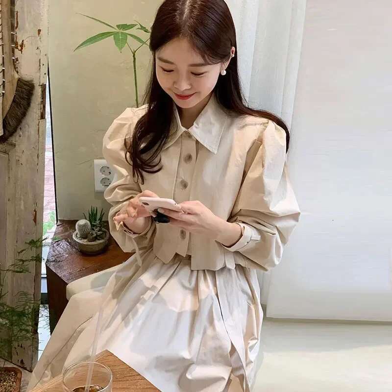 Korean Fashion Matching Sets Puff Sleeve Button Short Blouses High Waist Pleated Long Skirts Solid Color Design Women's Clothing