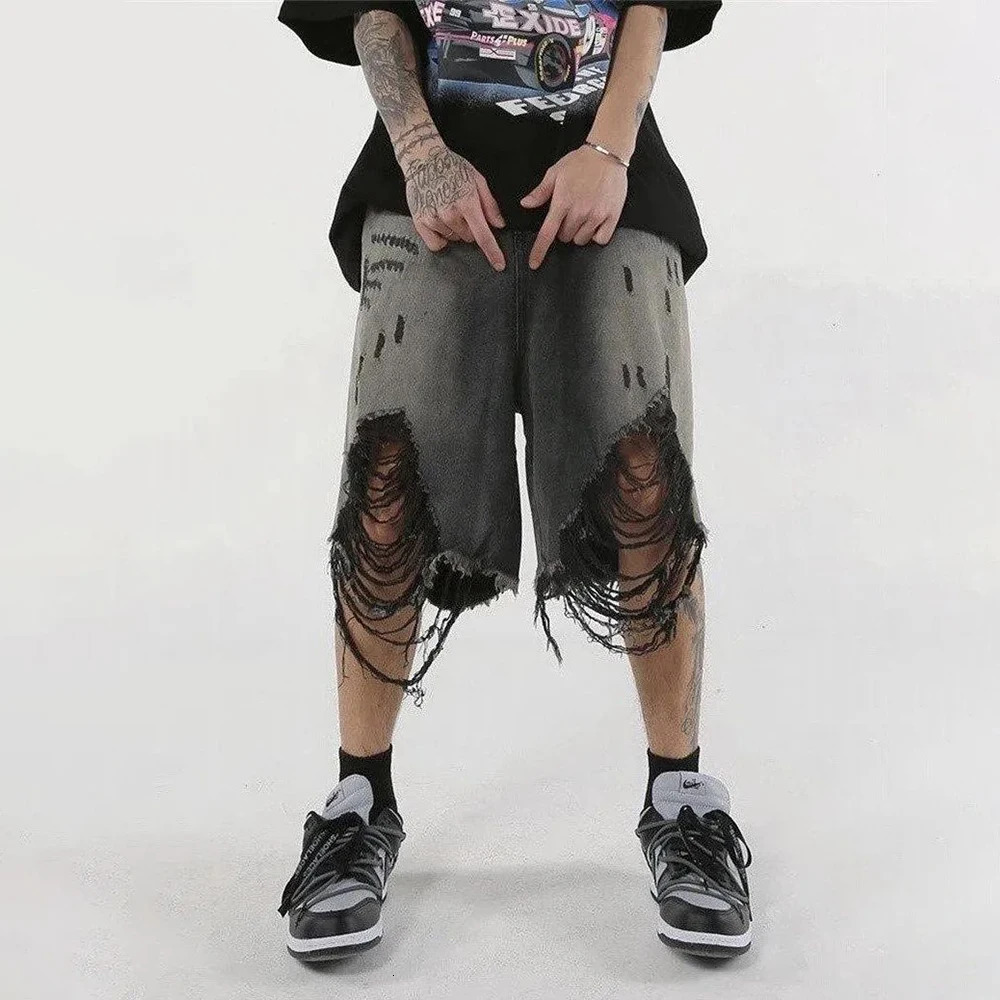 High Street Loose Washed Old Ripped Shorts American Retro Shorts Summer Street Y2K Hip Hop Tassel Wide Leg Casual Denim Shorts 250304