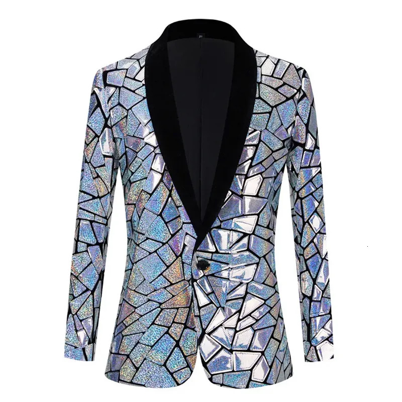 Mens Laser Sequin Blazer Jacket Shawl Lapel One Button Shiny Groom Wedding Party Suit Tuxedo Nightclub Host Mirror Coat 250304