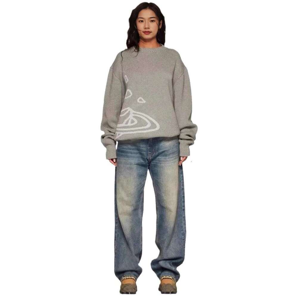 Space Planet Star Knitted Knight Youth Y2K Women's Black Warm Top Men's Loose