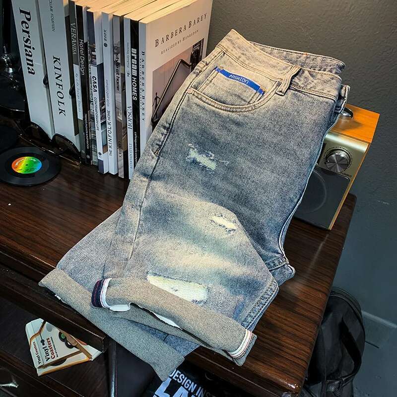 Denim Men's Summer Straight Ripped Thin And Breathableinsfashion Brand Casual Simple All-Match Pirate Shorts