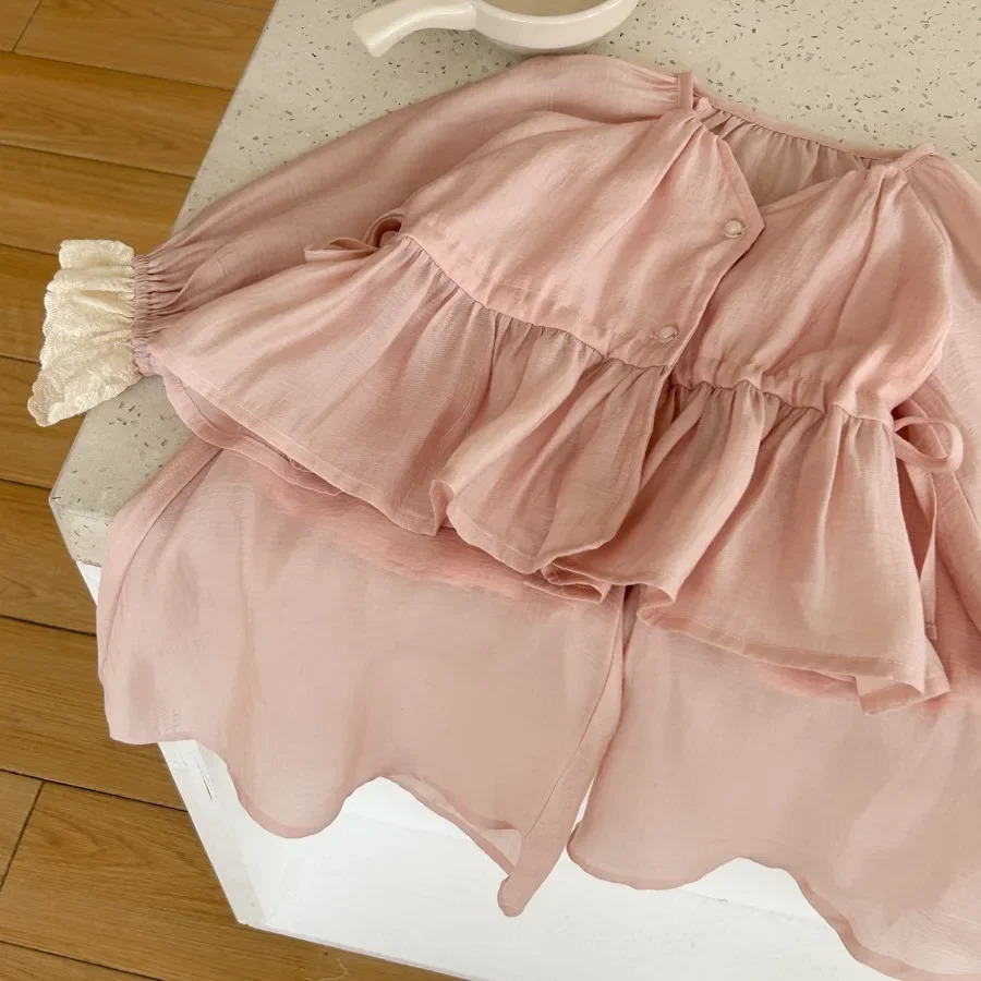 Childrens Sets Advanced Sense Girls Summer Shirt Skirt Two Pieces Simple Button Elastic Waist Pleated Fashion 250326