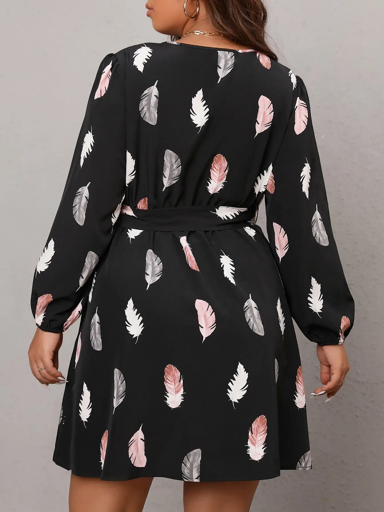 2024 Autumn Plus Size Womens V Neck Dress Ruffled Lace Long Sleeve Skirt Style 250225