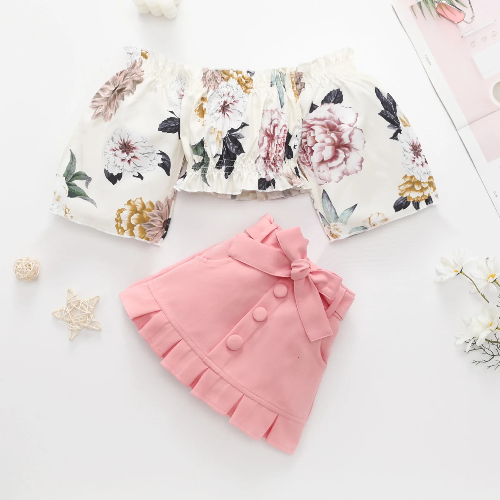 1-6Y Summer Toddler Baby Kid Girl Clothes Set Floral Off Shoulder Crop Top Skirts Outfits Children Girls Costumes 250304
