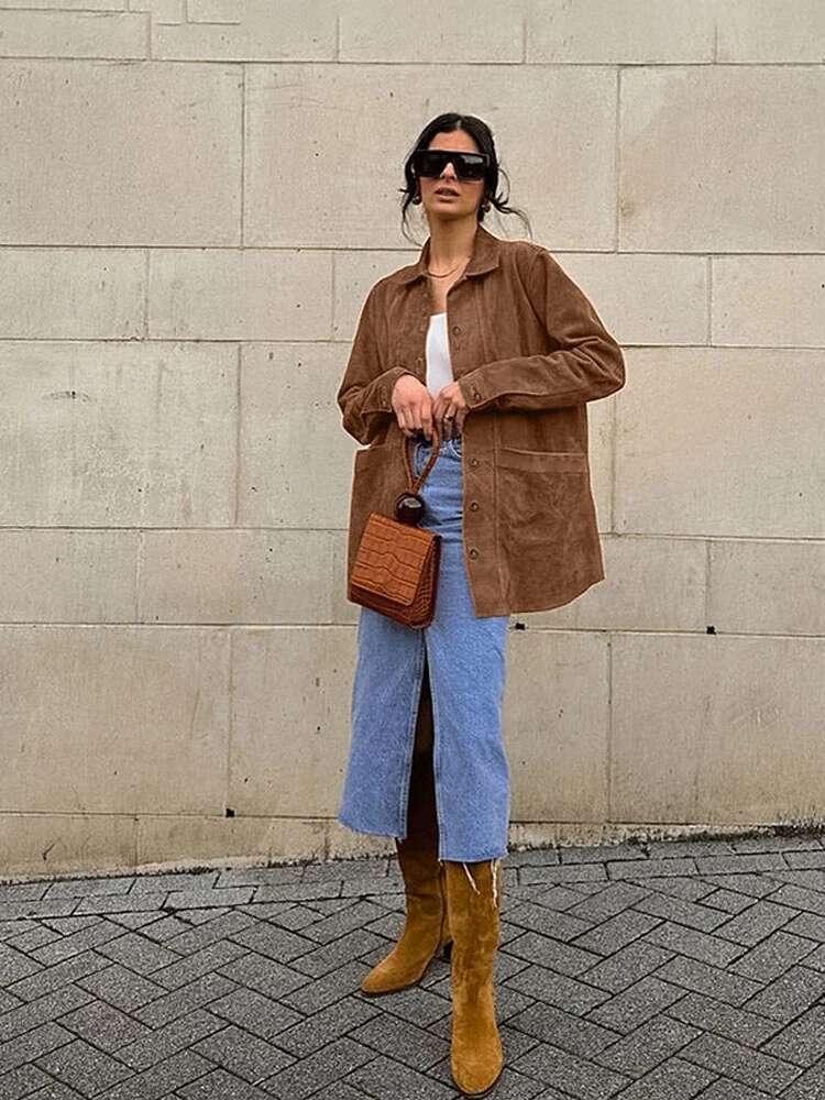 Casual Suede Long Sleeve Jackets Women Autumn Loose Brown Lapel Coat Top With Pockets Female Elegant Chic Street New In Outwear