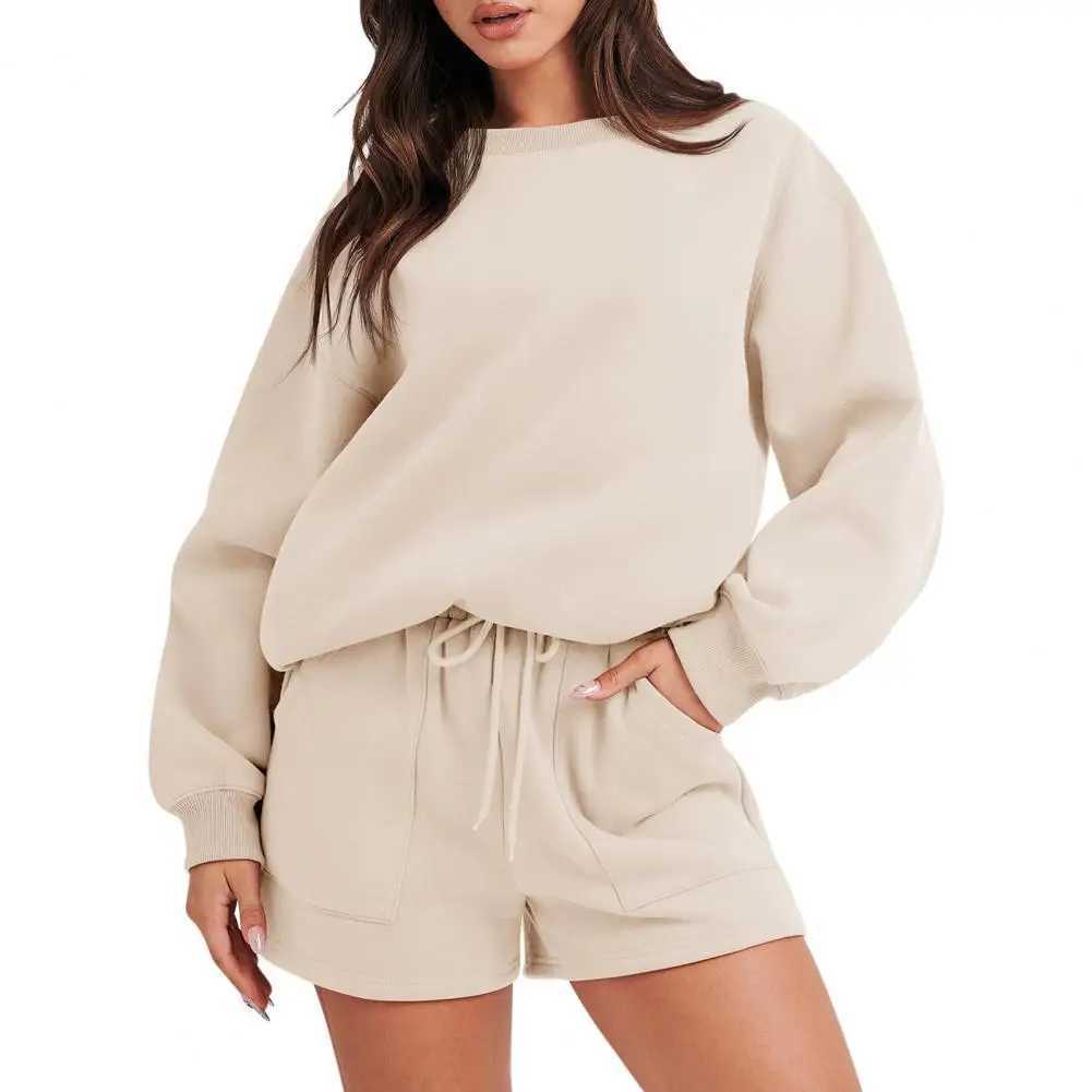 2 Pcs/Set Sweatshirt Shorts Set Loose Drawstring Elastic Waist Round Neck Elastic Cuff Soft Pockets Fall Spring Top Shorts Suit X250305