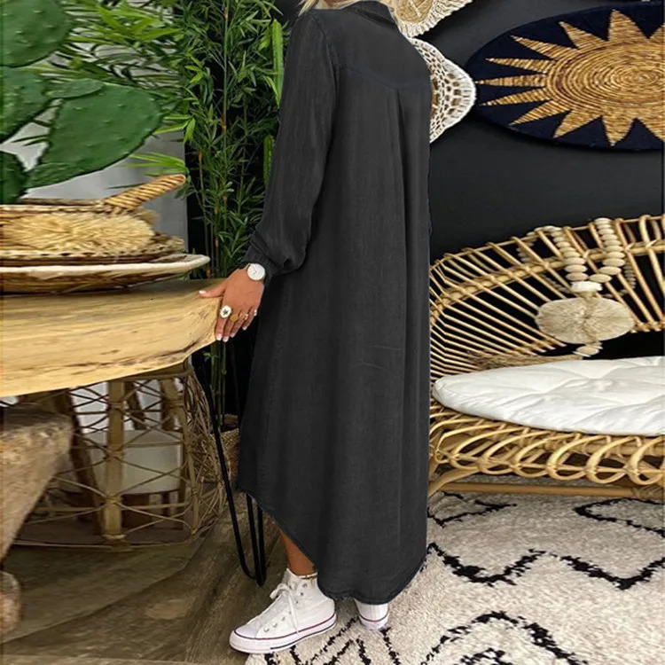 Vintage Womens Elegant Shirt Jeans Dress Large Size Turn Down Collar Solid Full Sleeve Loose Plus Long Dresses 250225