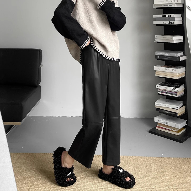 Autumn Winter PU Leather Womens Ankle Length Pants 2024 Korean High Waist Black Straight Loose Pocket Female 250304