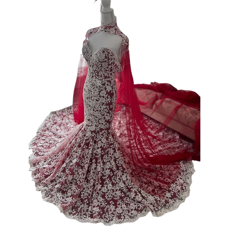 2025 Vintage Lace Mermaid Wedding Dresses With Wrap Long Train Off Shoulder Champagne And Dark Red Gothic Bridal Gowns Custom Made