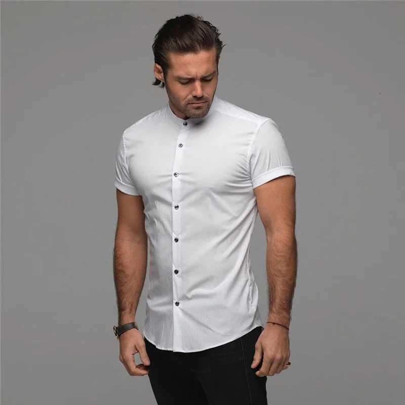 Mens Short Sleeve Shirt Summer Plain Slim Fit Dress Shirts Fitness Men Gym Clothing Fashion Casual Social Stand Business 250227