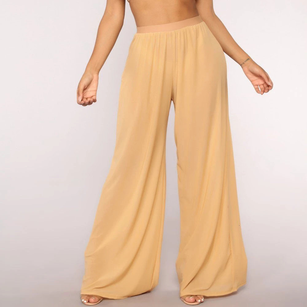 Women See Through Boho Wide Leg High Waist Trousers Beach Long Loose Mesh Sheer Pants 250304