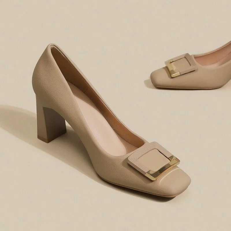 Spring new square thick h wens shallow mouth buckle single shoes professional shoes high h Y250304