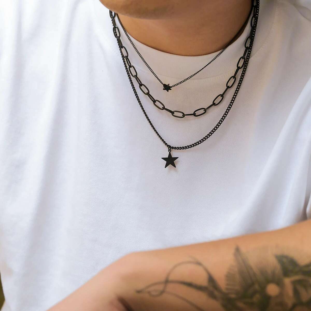 Lacteo Trendy Star Charm Necklace for Men Multilayer Pendant Choker Hip Hop Neck Chain Jewelry Rock Collar Street Daily New