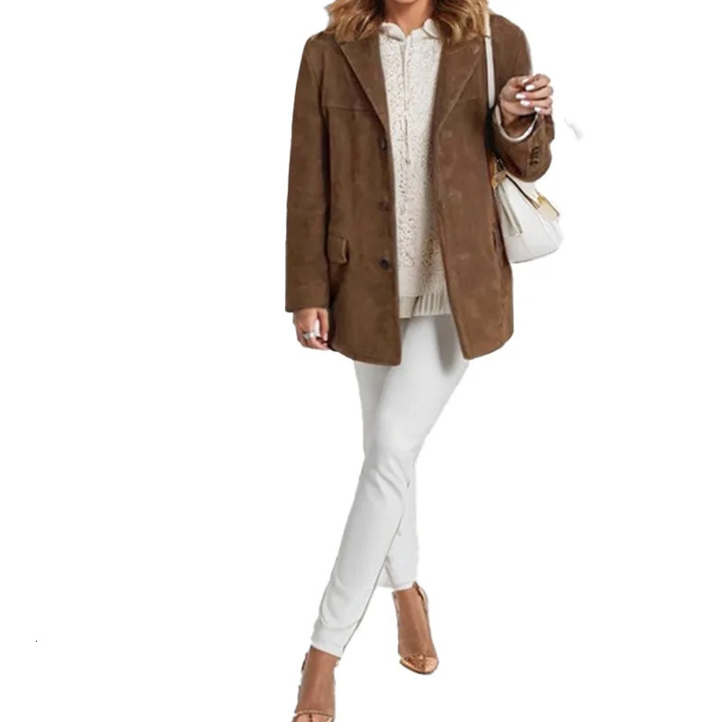 Casual Brown Lapel Pocket Suede Leather Jacket Fashion Woman Single Button Long Sleeve Crop Coat Lady Autumn Street Outwear 250304