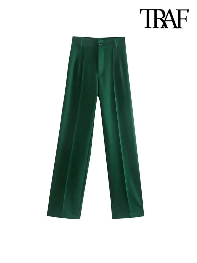 TRAF Women Chic Fashion Office Wear Straight Pants Vintage High Waist Zipper Fly Female Trouser 250304