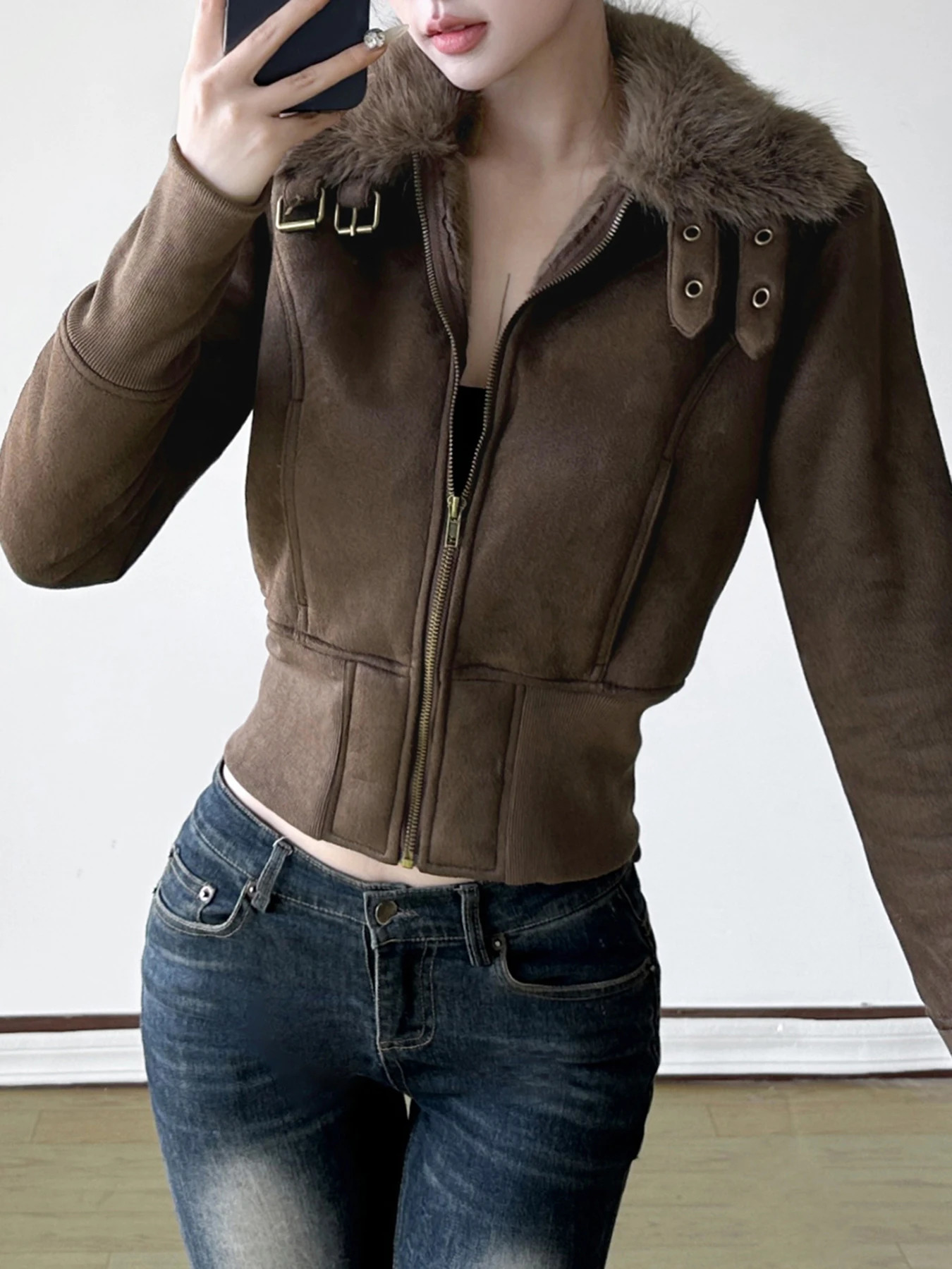 Fashion Warm Chamois Jackets Long Sleeve Plus Velvet Faux Collar Zipper American Retro Thickened Coat 250226