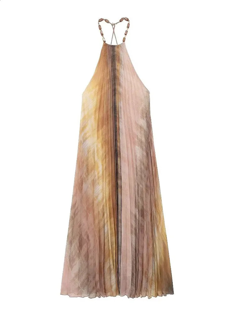 TRAF Tie Dyed Pleated Midi Dresses For Women Fashion Beading Halter Collar Dress Elegant Casual Sexy Thin Party 250305