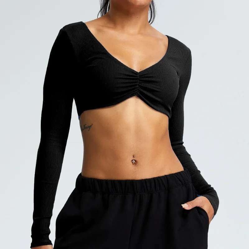 Crop Sexy Ribbed Long Sleeves Shirts For Women Yoga Sports Fiess Running Clothes Push Up Workout Top Kl-My
