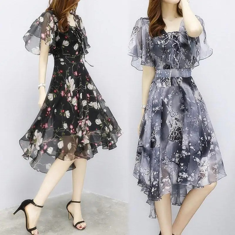Womens fancy chiffon dress 2024 womens elegant Vneck short sleeved Korean summer 250304