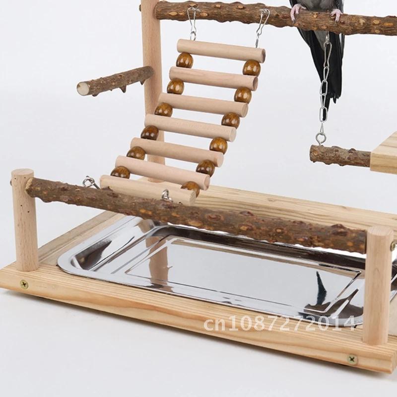 Parrot Playstand Bird Plays Stand Cockatiel Perch Wooden Playground Playground Gym Ladder Plate with Toy Metal Feeder