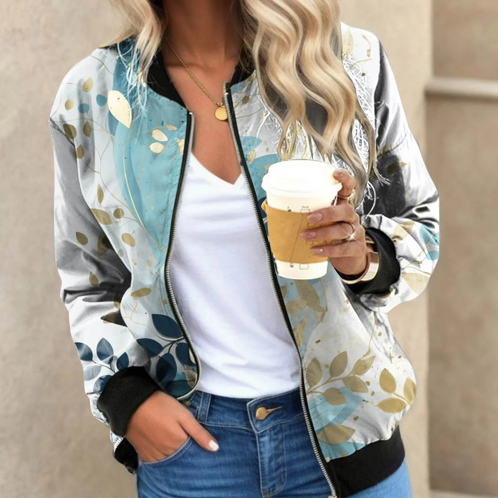 3D Floral Printed Womens Jackets Coat Outwear Autumn Long Sleeve Slim Bomber Jacket Tops Casual Woman Zipper Short Jackets 250304