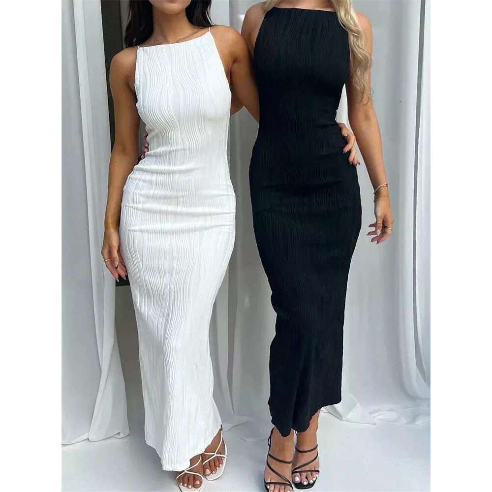 Women Sexy Long Ruched Sleeveless Slim Solid Summer Party Back Split Dress Clubwear Female Vestido Outfits KLMY