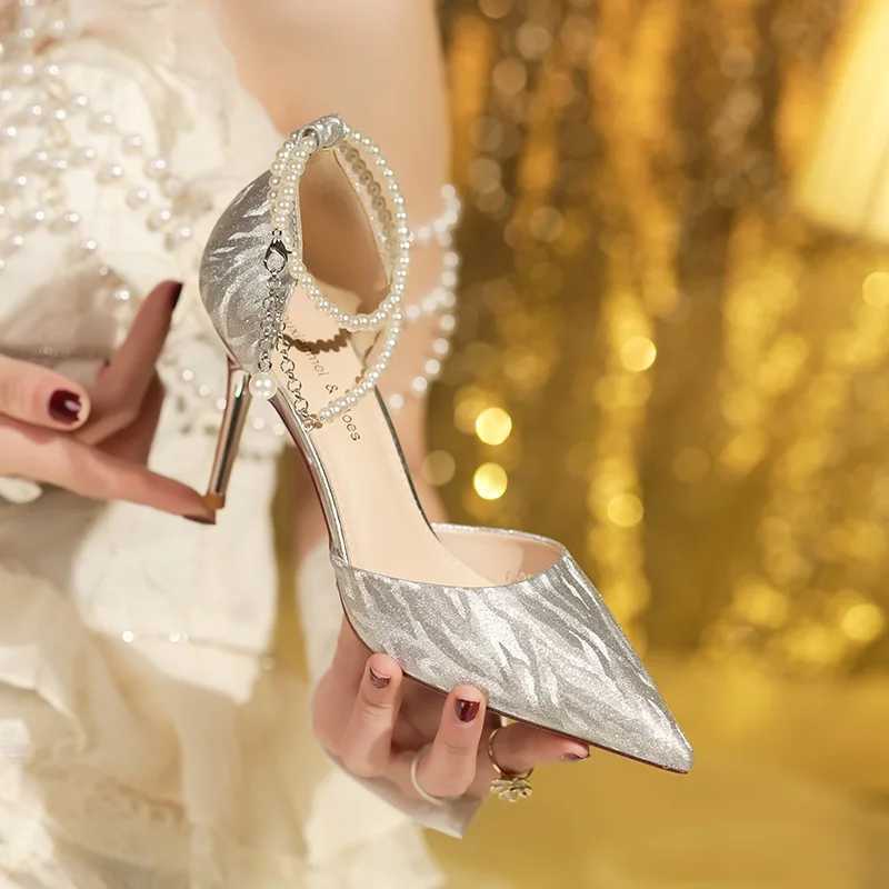 2024 Summer Fi Womens Pointed Toe Luxury Sequins Beaded Buckle Champagne Ornament High Heel Sandals Party Wedding ShoesXJ2500305