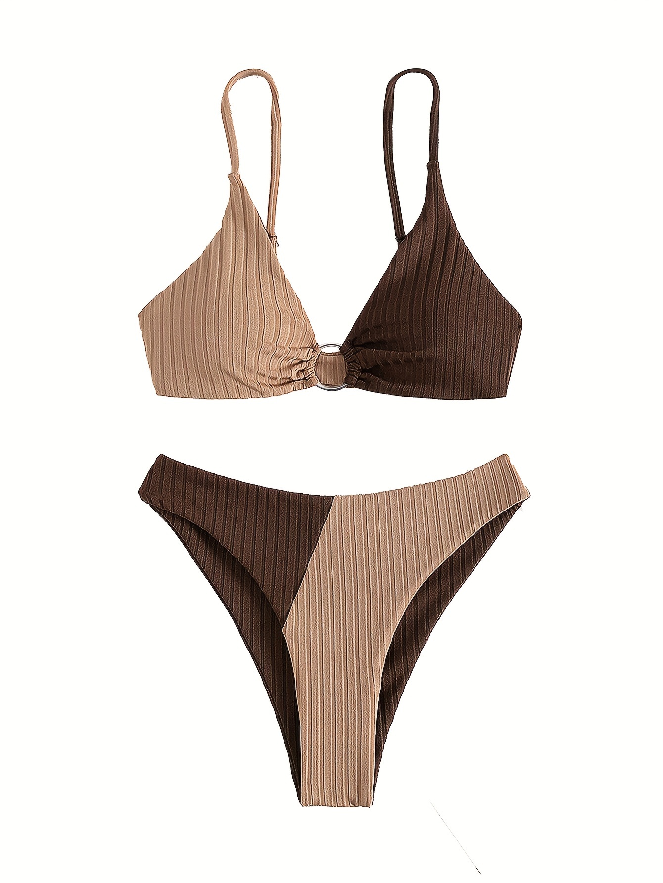 Sexy Striped Bikini Women Push Up Swimsuit Rib Bikinis Set Coffee Color High Cut Swimwear Cheeky Bathing Suit Two Piece Swim Suit Spaghetti Straps Bra