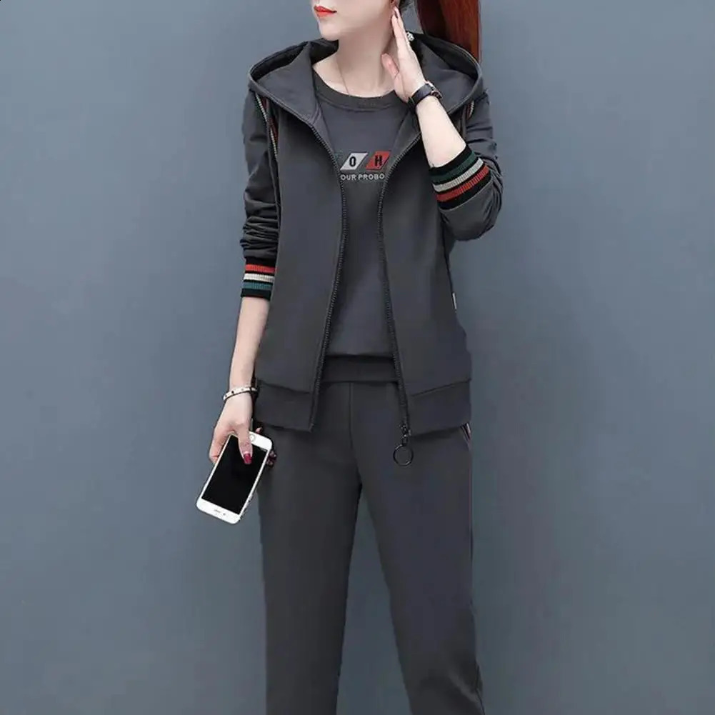 Womens 3 Piece Running Sets Fall Spring Solid Sportswear Long Sleeve Fleece HoodiesJogger Pants Plus Size Female Tracksuits 250305