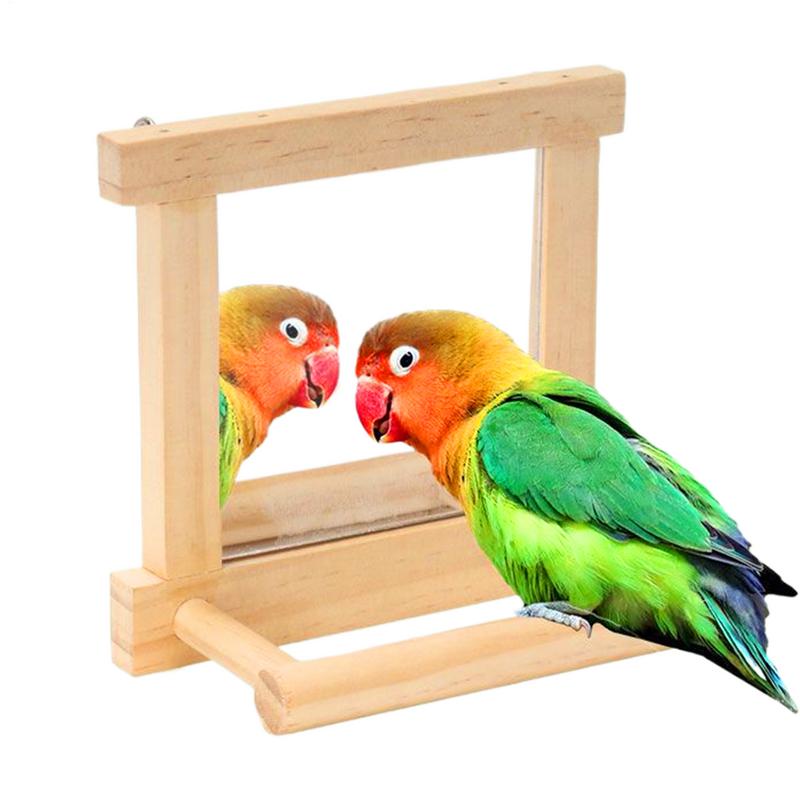 Bird Cage Mirror With Perch Bird Standing Branch Natural Wood Parrot Cage Pole For Parakeets Cockatiels Lovebirds Standing