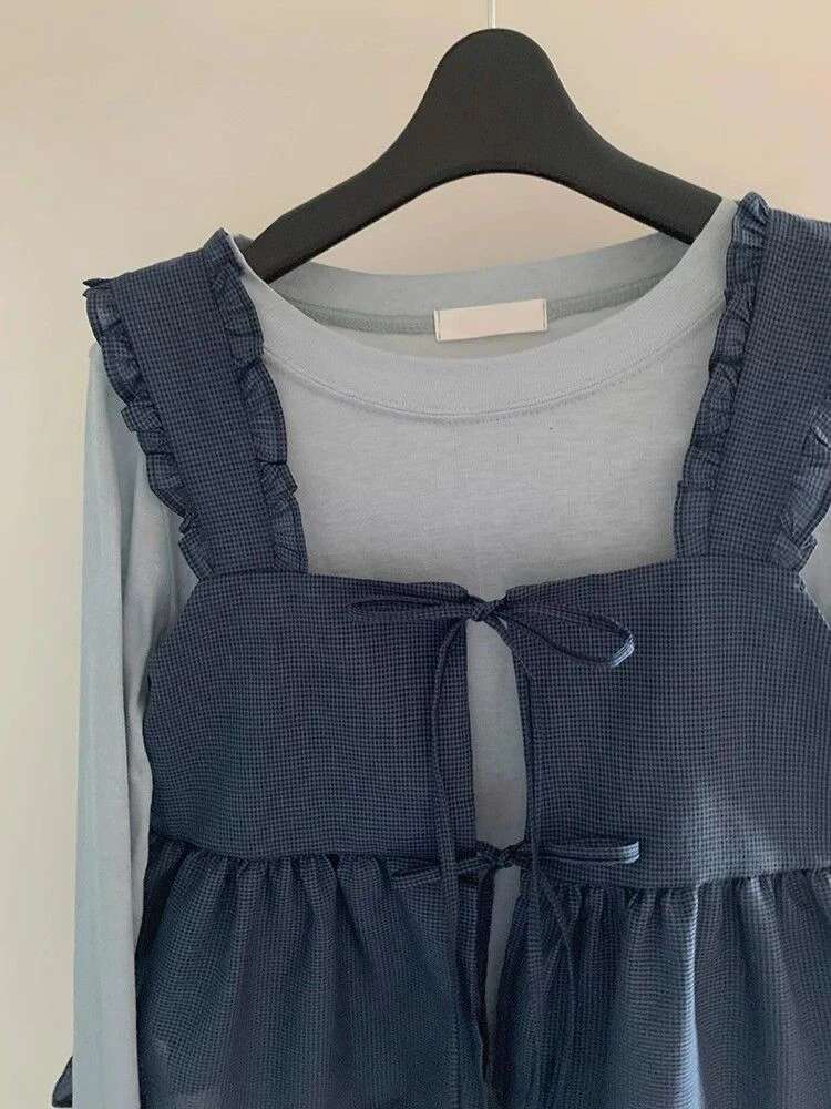 Fashion Chic T Shirts Long Sleeve Solid Color Tops Tees Plaid Ruffles Lace Up Vest Two Piece Set Y2k Haruku Vintage Clothing