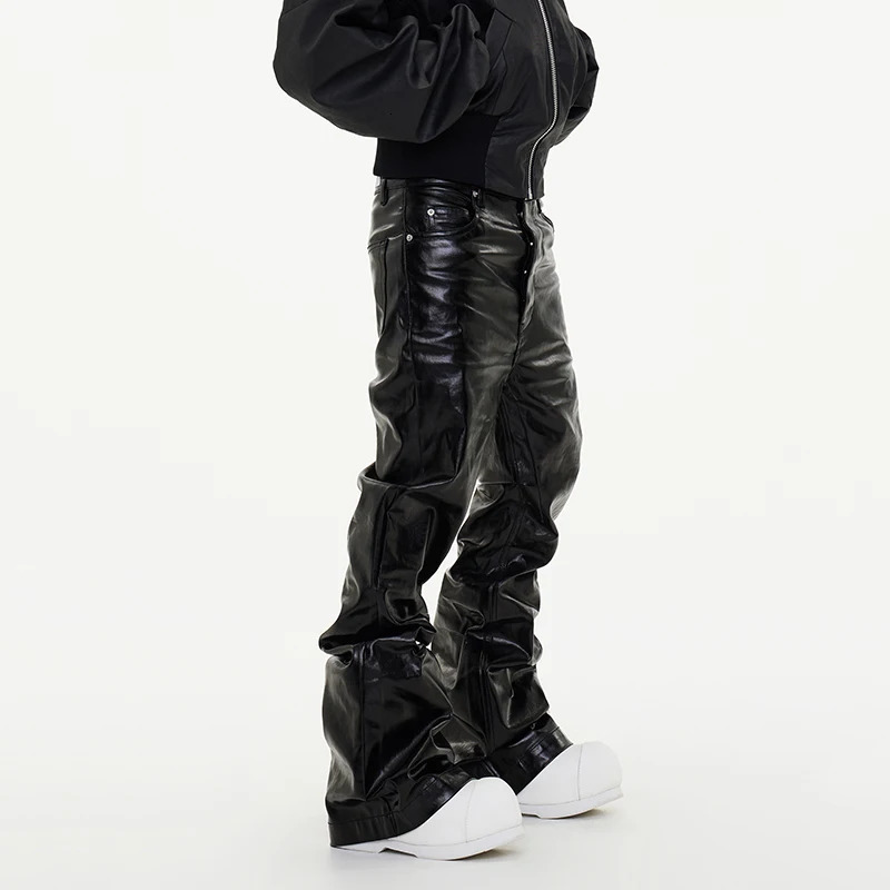 PFNW Spring Mens Jeans Loose Wide Leg Coating Glossy Patent Leather Straight Male Denim Pants Niche Style 12C509 250304