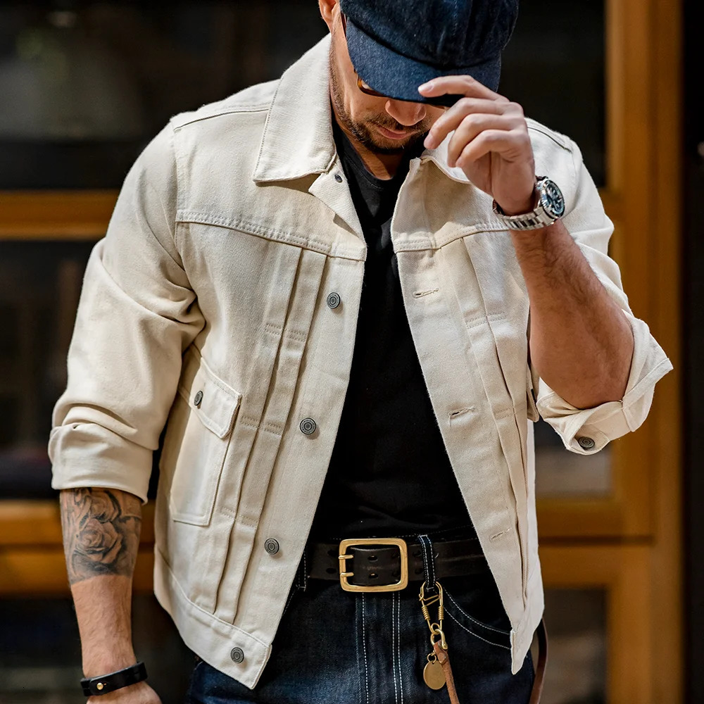 Maden retro white denim jacket mens cotton ultrathin fit fashionable streetwear highquality clothing 250225