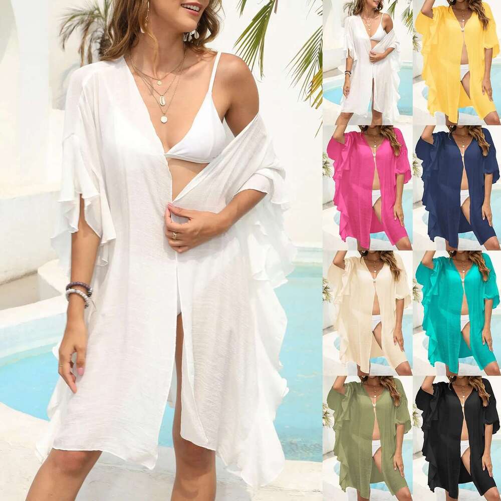 Shirt Beach Women Swimsuit Cover Up Solid Batwing Sleeve Loose Soft Bathing Suits Tunic Kimono Dress Pareo Beachwear Km-Ly