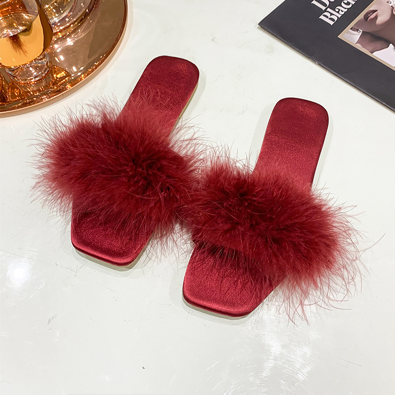 2025 Spring/Summer New Feather Hair Designer Women's Silk Red Slippers Trendy Dress Matching Shoes Trendy Casual Sandals