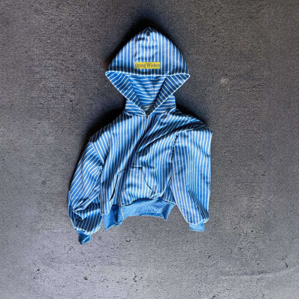 Daily casual commuting shirt striped blue and white paired with unisex letter embroidery versatile hooded sweatshirt