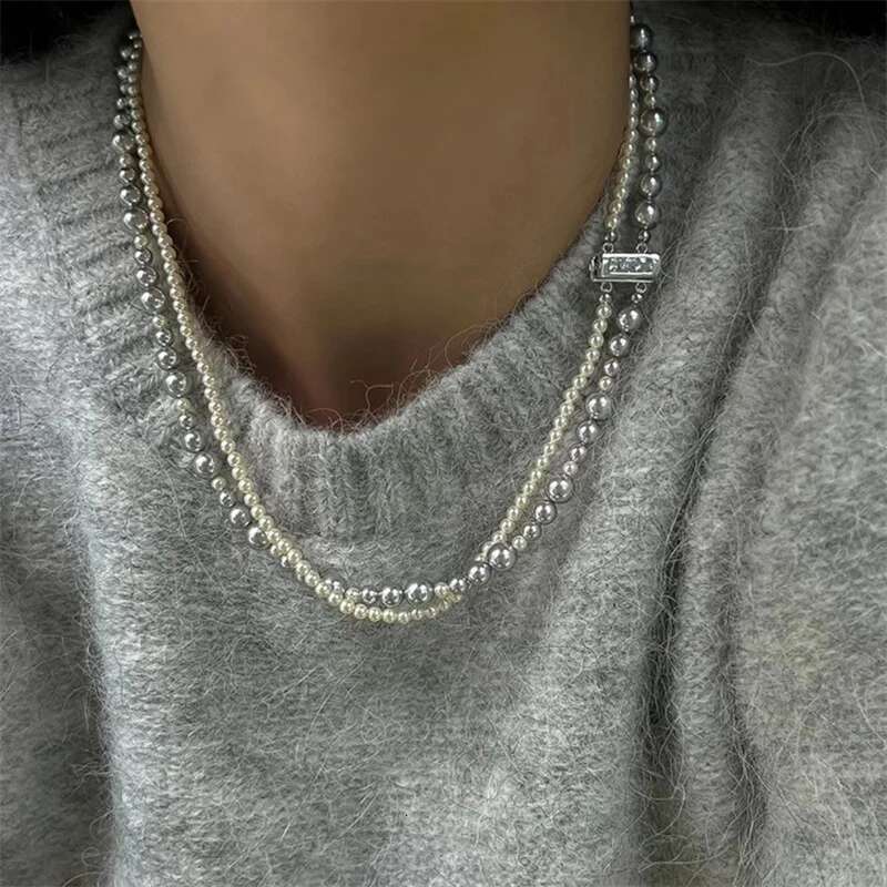 Fashion Imitation Pearl Wrapped Double Layer Magnetic Buckle Neck Chain Choker Necklace Jewelry Gift