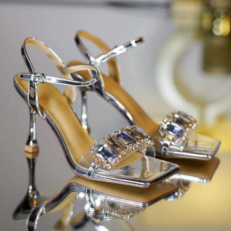 Luxury Diamond High Heels Women 2025 Summer Square Toe Shiny Crystal Sandals Woman Ankle Straps Elegant Party Pumps Women ShoesXJ2500305