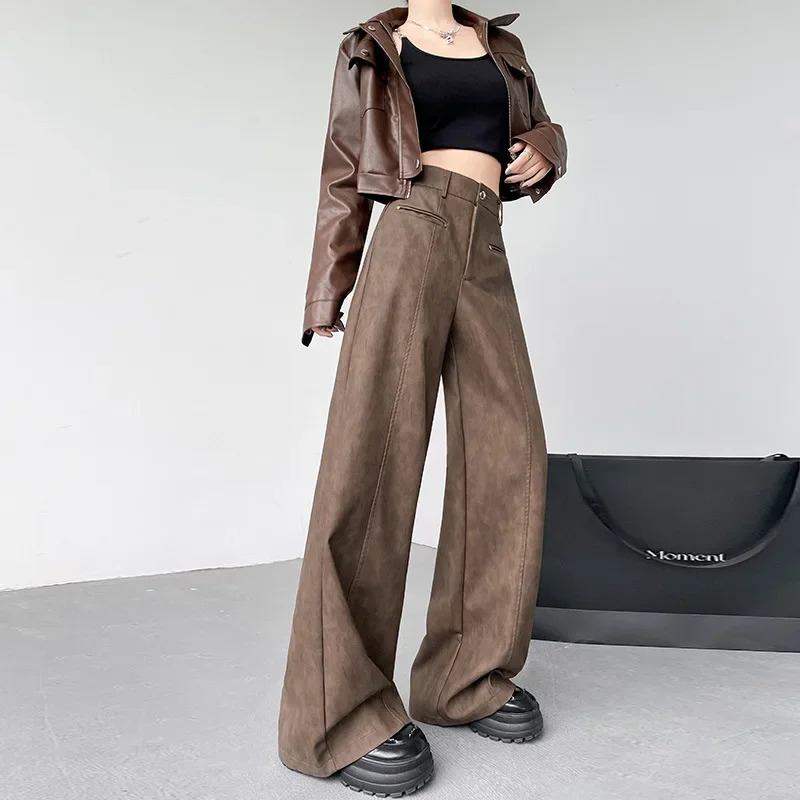 2024 Autumn Winter HighWaisted PU Leather Bootcut Pants StraightLeg Black Casual BellBottom Trousers For Women 250304