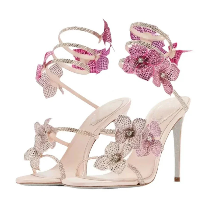 Equal Sexy CRYSTAL Flower Thin High Heels Women Sandals Street Style Narrow Band Ankle Strap Pole Dancing Ladies Shoes 250228