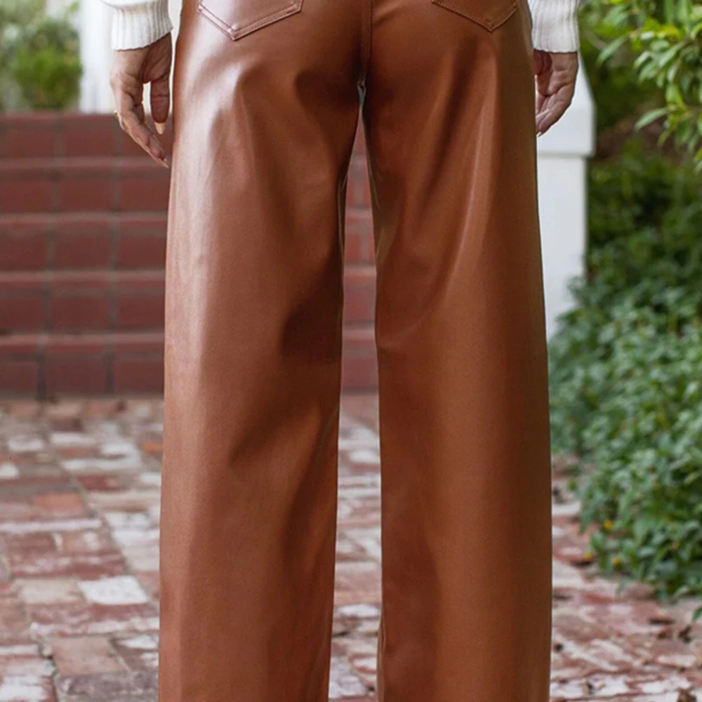 2024 Autumn And Winter Fashionable High Waisted PU Wide Leg Straight Casual Retro Leather Pants For Women 250304