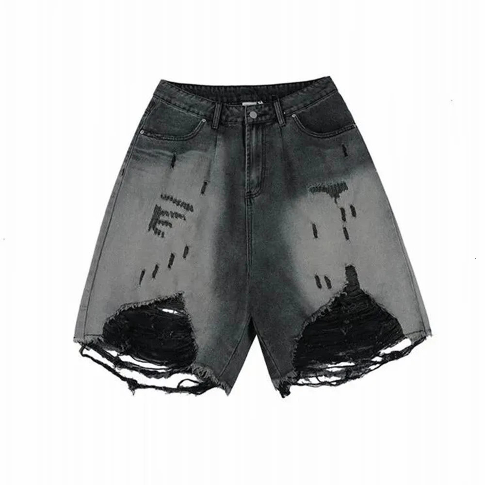 High Street Loose Washed Old Ripped Shorts American Retro Shorts Summer Street Y2K Hip Hop Tassel Wide Leg Casual Denim Shorts 250304
