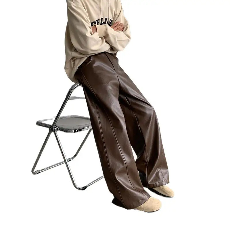 PU Leather Pants Men 2025 Spring Mens Punk American Fashion Hip Wideleg Mopping Trousers Windproof Dark BrownBlack 250304