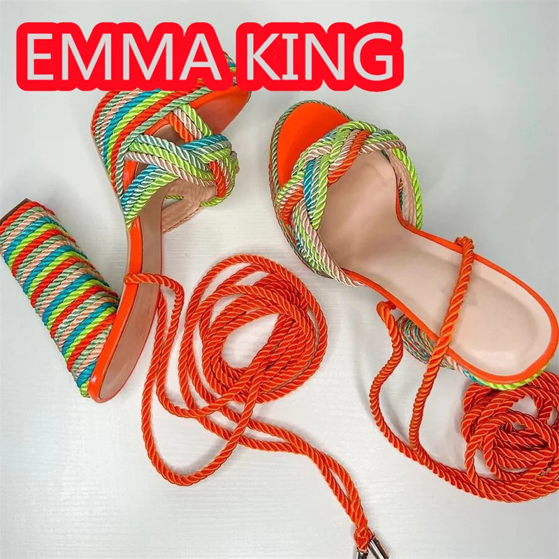 Mixed Color Ropes Platform Sandals Sumer Special Material Lace Up Chunky Colorful Fashion Runway Women Sandals shoes Party 250228