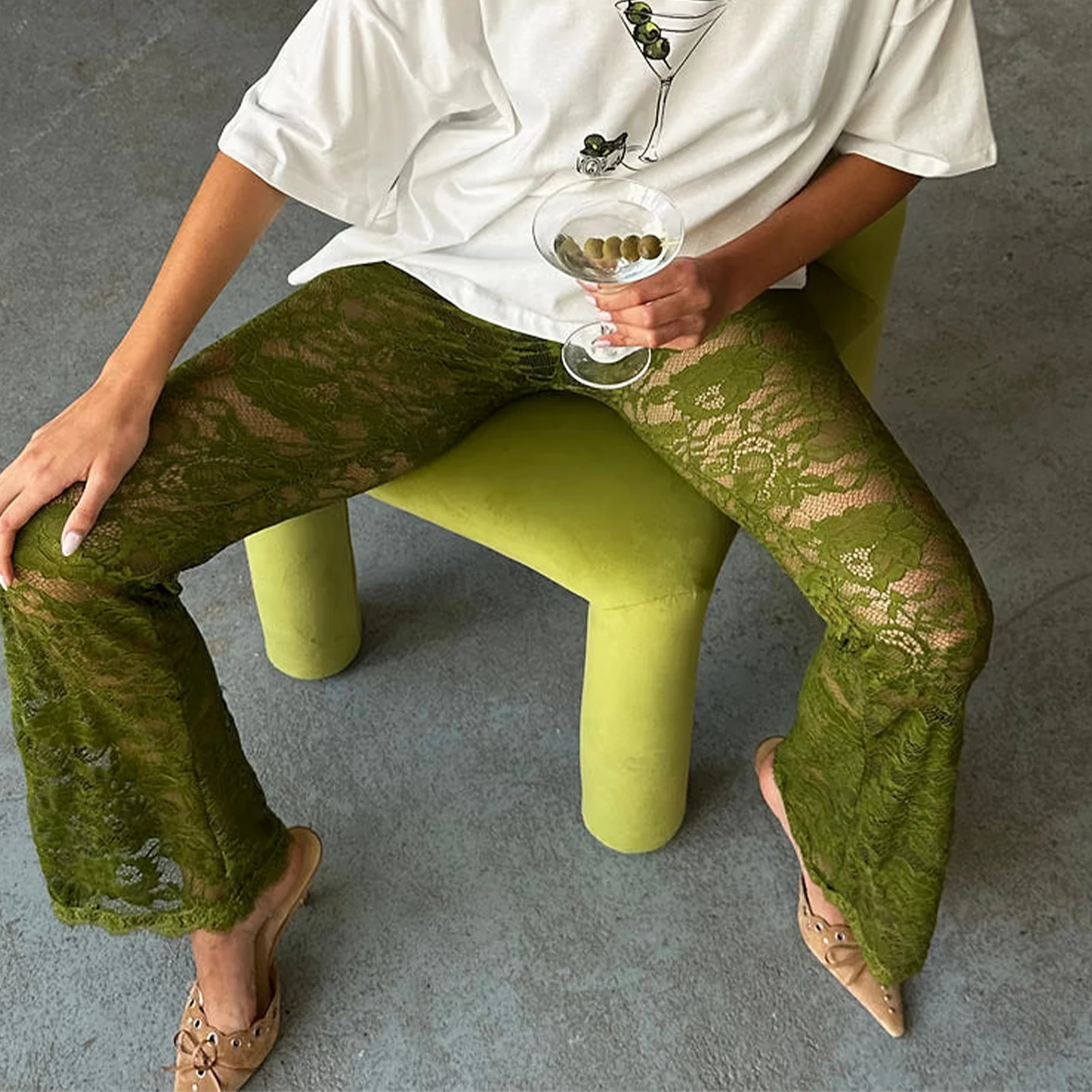 Stylish See-Through Lace Flare Pants Womens High Rise Elastic Waist Bell-Bottoms Spring Summer Streetwear Long Trousers 250304