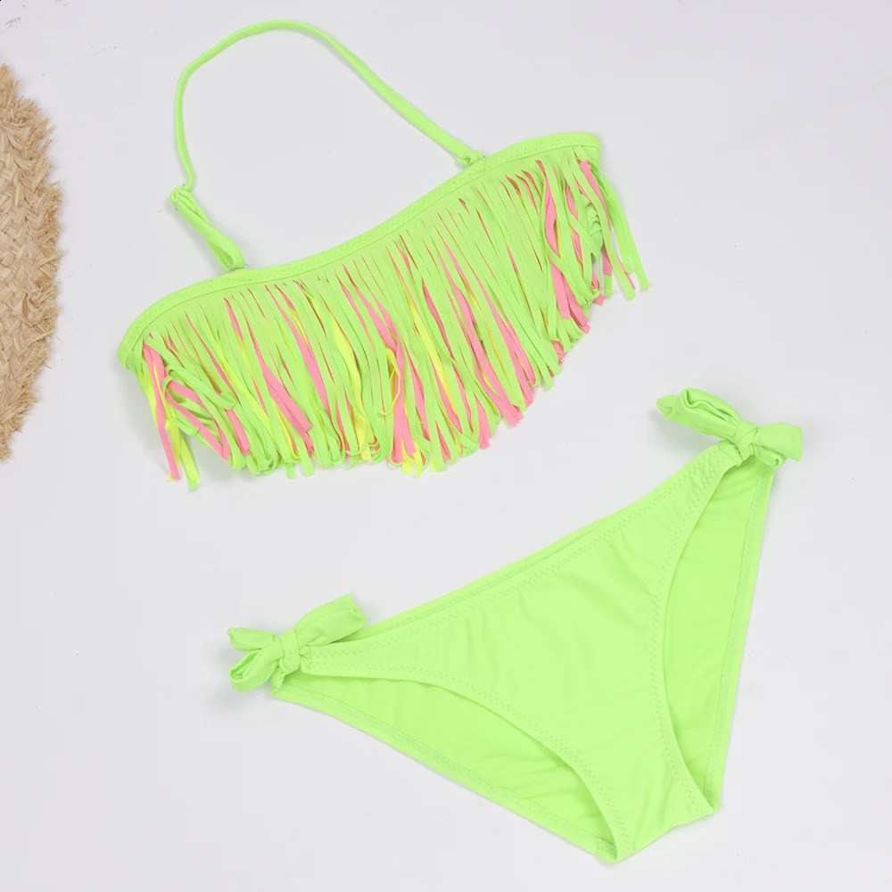 Tassel Girls Kids Swimsuit Swimwear Solid Swimming Suit Children Bandage Bikinis Holiday Beach Baby Biquini Infantil 250304