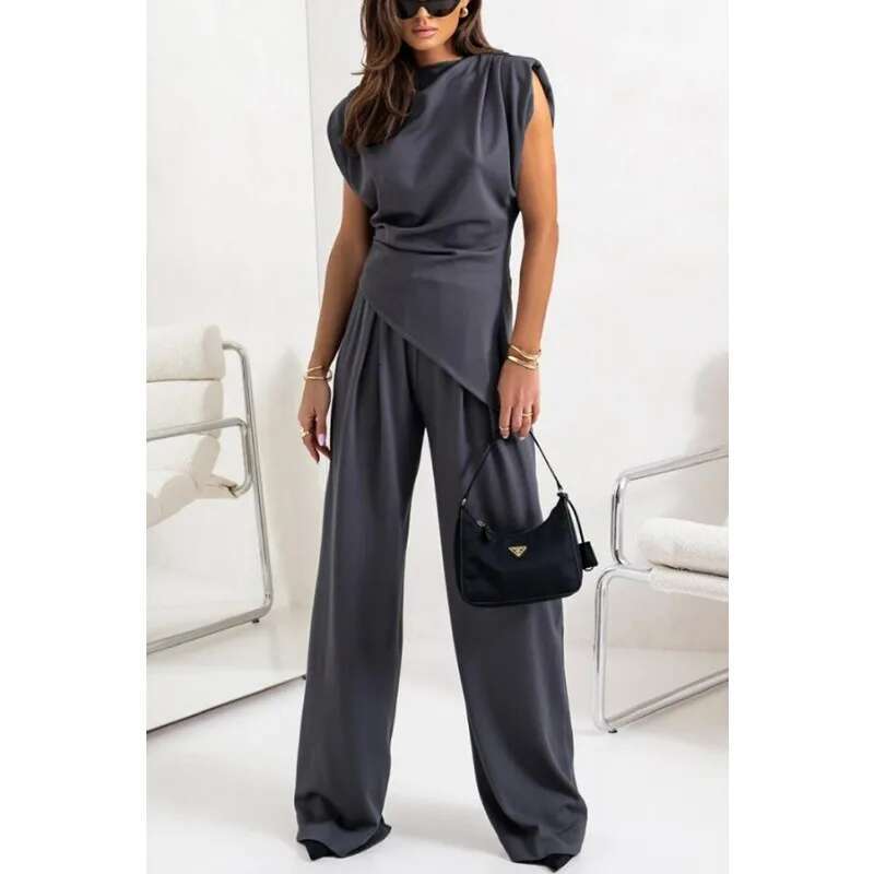 2025 Summer New Product Fashion Solid Color Irregular Sleeveless For Women's European And American Casual Pants Set