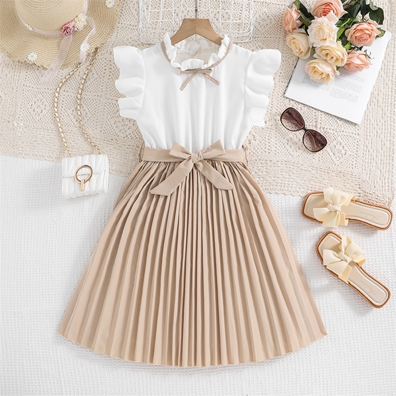 Kids Dress For Girls White Petal Sleeves Pleated Khaki Skirt Bow tie Preppy Style Elegant Birthday Party Clothes For 8-12 Years 250304