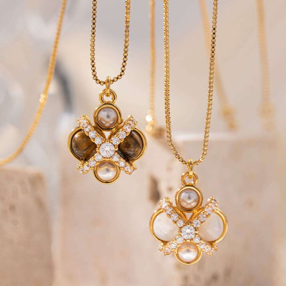 Brass plated tiger eye stone necklace versatile, high-end, simple, niche, fashionable, light , zircon collarbone chain