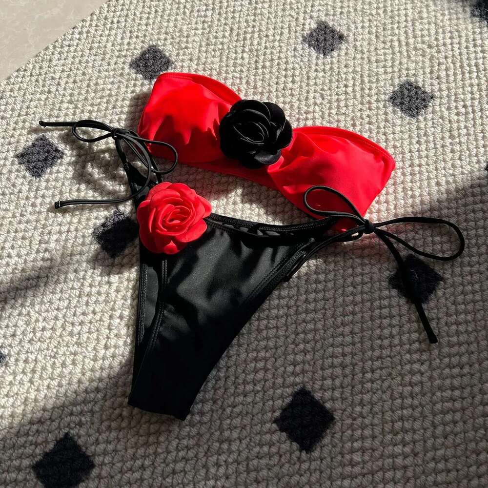 Wer 3D Bandeau Bikini Set 2024 New Sexy Tube Swimwear Women Striped Black Swimsuit Mini Bathing Suit Km-Ly